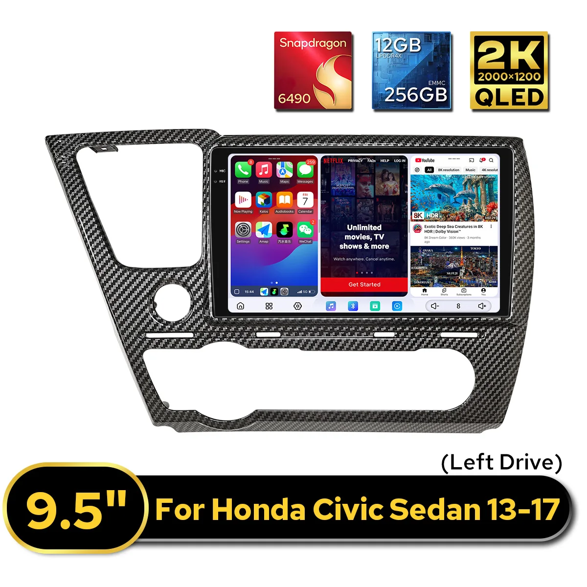 

JOYING 9,5-дюймовый автомобильный радиоприемник для Honda Civic Sedan 2013-2017 с рамкой из углеродного волокна, поддержка заводской USB/камеры заднего вида