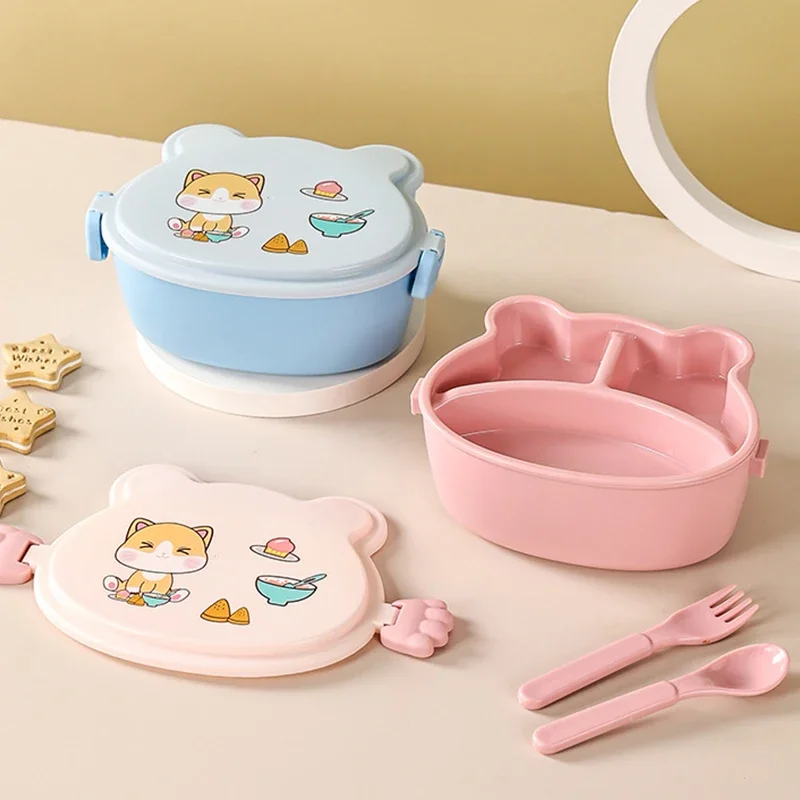 Cute Cat Shaped Lunch Box Double Layer Food Container with Fork and Spoon Microwave Children Bento Box