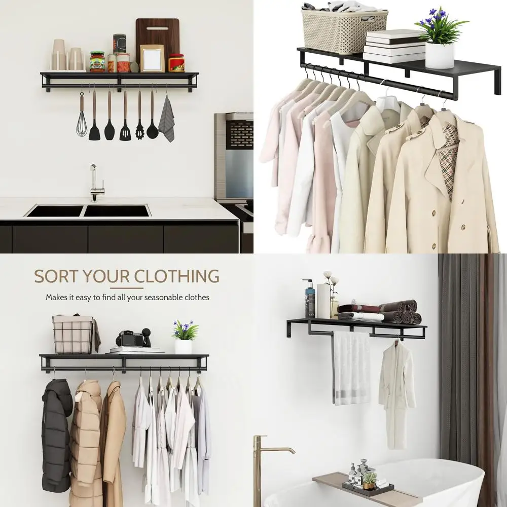 Perchero de ropa de metal resistente 41 montado en la pared con estante superior para lavandería, almacenamiento de ropa que ahorra espacio