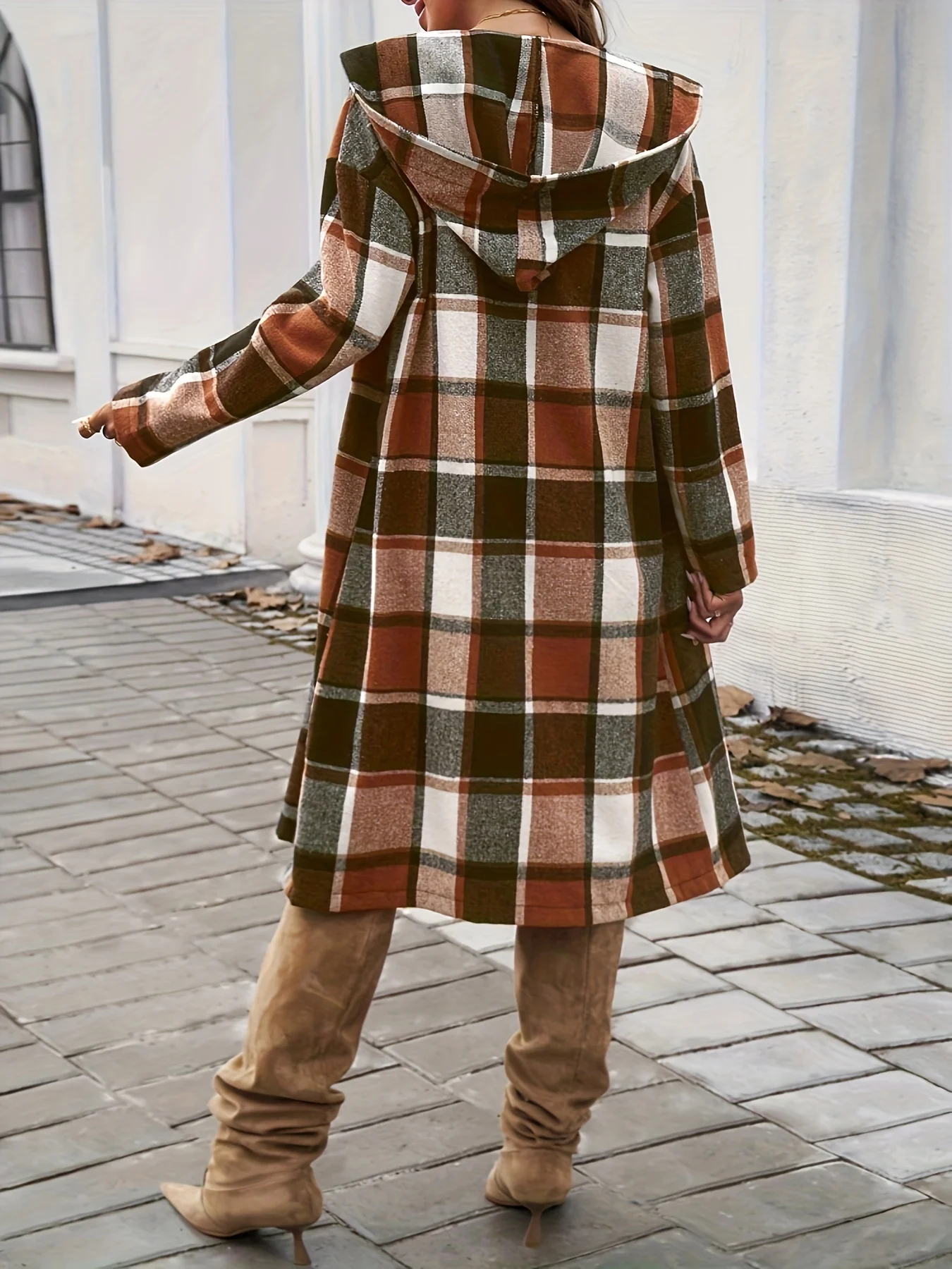 European and American Fashion New Autumn and Winter Women's Loose Color-block Buttoned Hooded Long Coat