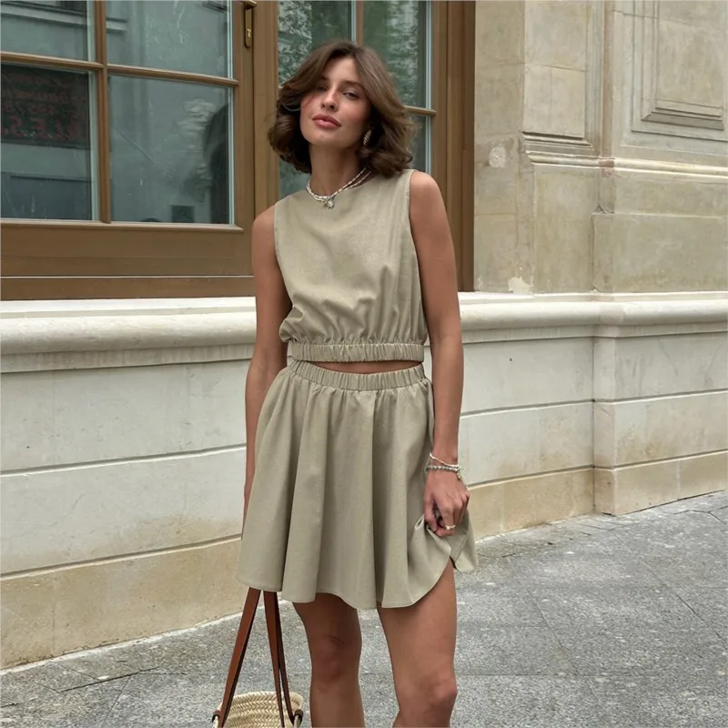 

Casual cotton linen round neck sleeveless pleated top+elastic waist short skirt 2025 summer women's fashionable comfortable set
