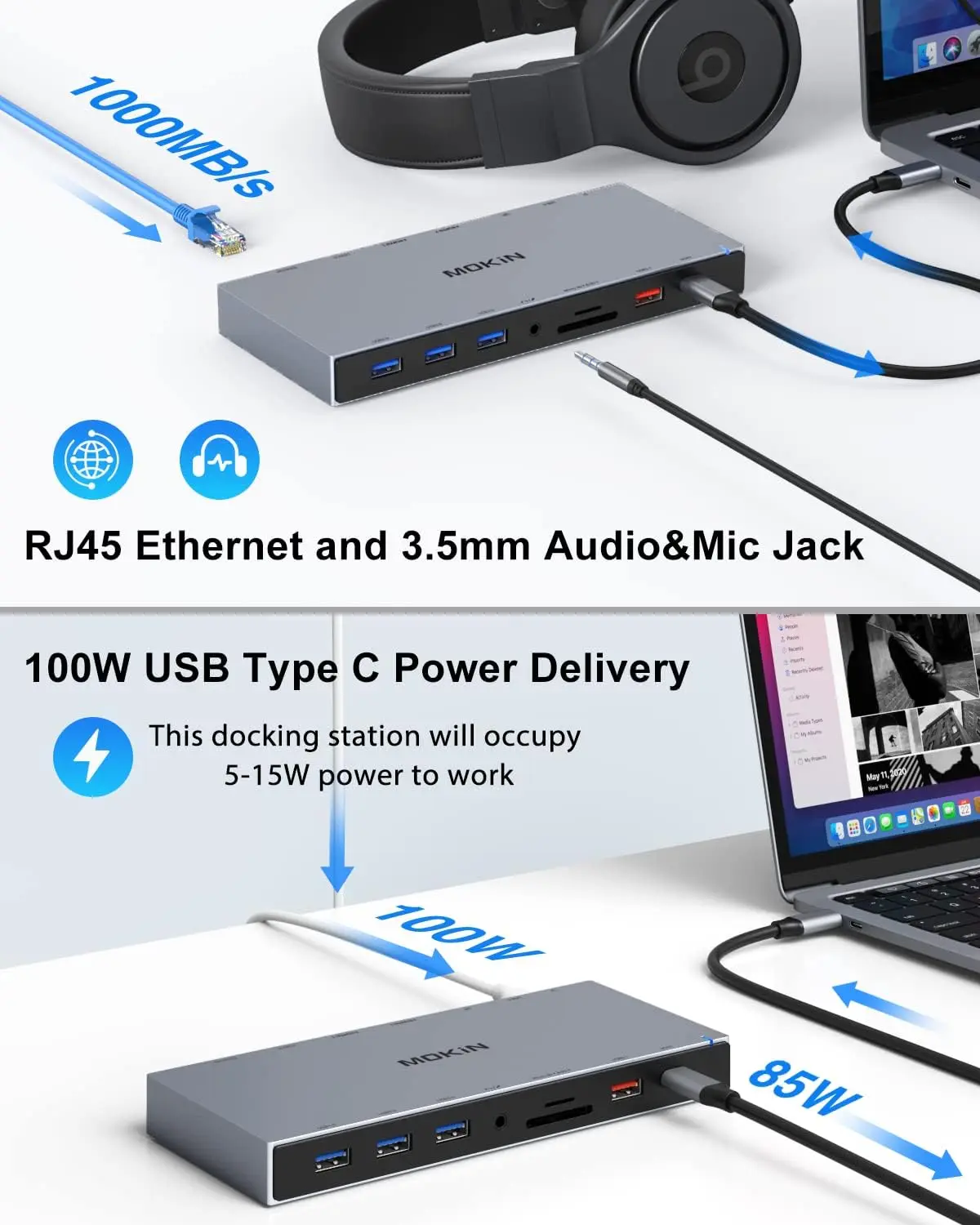 محطة إرساء HDMI مزدوجة 3 شاشات، محطة إرساء الكمبيوتر المحمول MOKiN USB C مع 4K60 هرتز DP، USB 3.1، RJ45، SD/TF، PD 100 وات، لـ Dell/HP #6