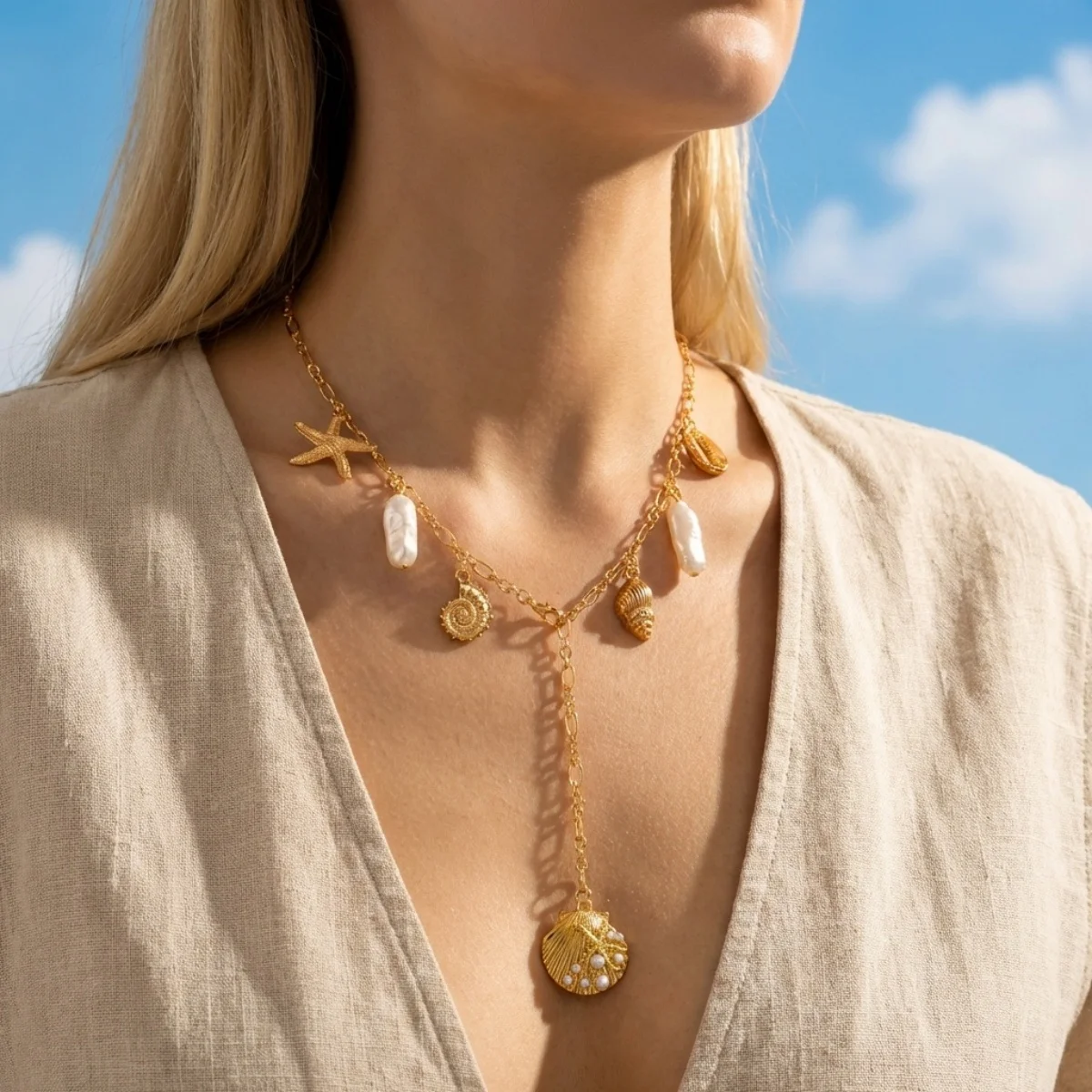 Sommerliche Muschel-Seestern-Imitationsperlen-Quasten-Anhänger-Halskette für Damen und Herren – Seepferdchen, Fisch, Muschel, Schildkröte, Delfin Choker-Schmuck – Detail 18