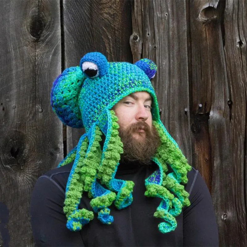 Funky 3D tentacle knit hat, handmade crochet octopus/frog design warm hat, party outfit photo prop quirky decorative hat