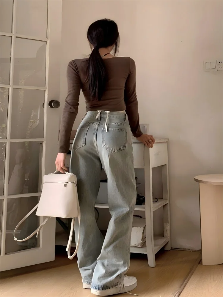 Washed distressed light-colored narrow wide-leg jeans high-waisted hip-covering height-enhancing straight-leg floor-length pants popular on Instagram