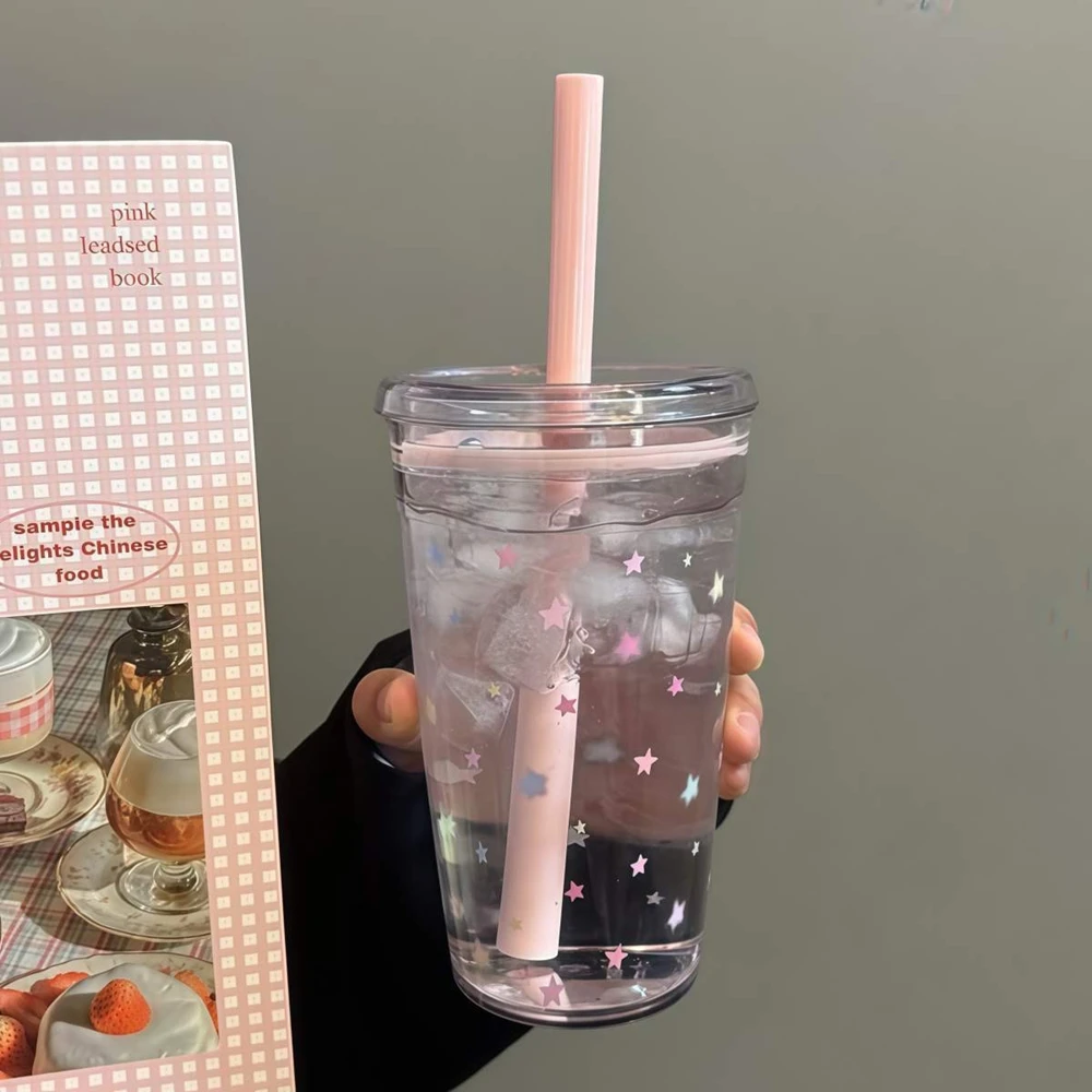 Star Korean Style 450ML Summer High-value Milk Straw Plastic Cup Transparent Multi-color Thickened Coffee Cup Office Water Cup