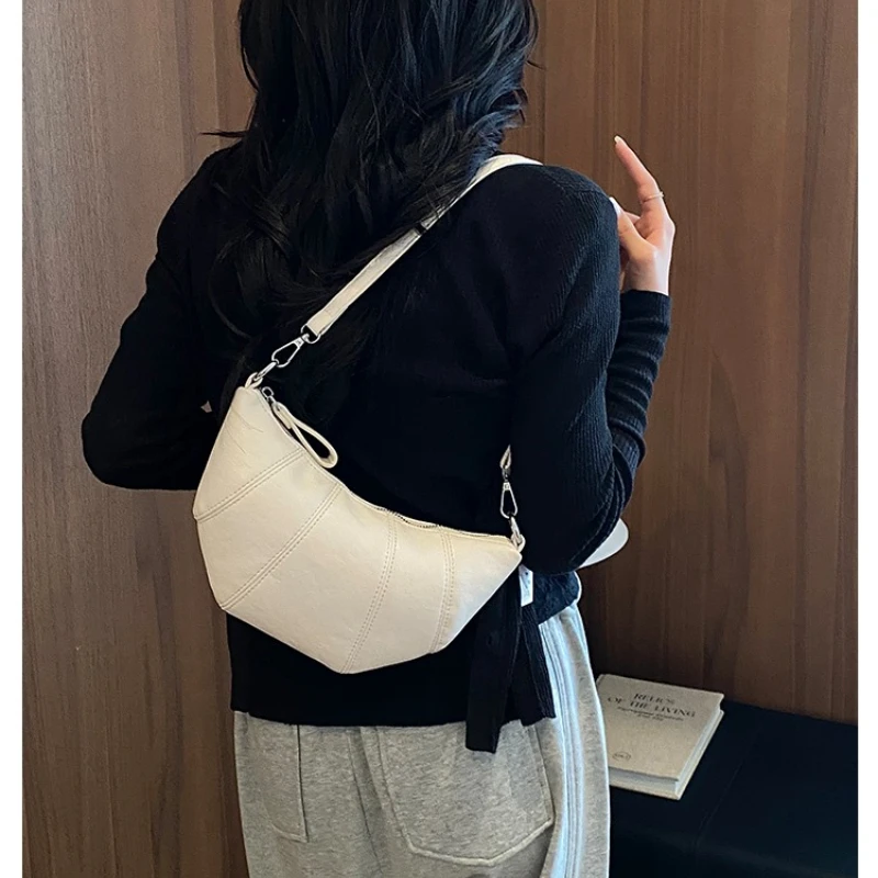 Soft PU Semicircle Shoulder Bags Women Stitching Design Crescent Crossbody Bag Adjustable Strap Casual Daily Ladies Side Bag view 5