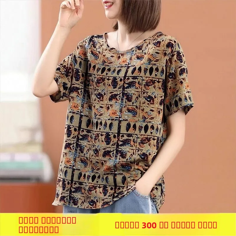 プラスサイズのコットンリネンまたはスウェットTシャツ、夏の新作、女性用ルーズフィットトップ、高齢女性向け、吸汗性、通気性