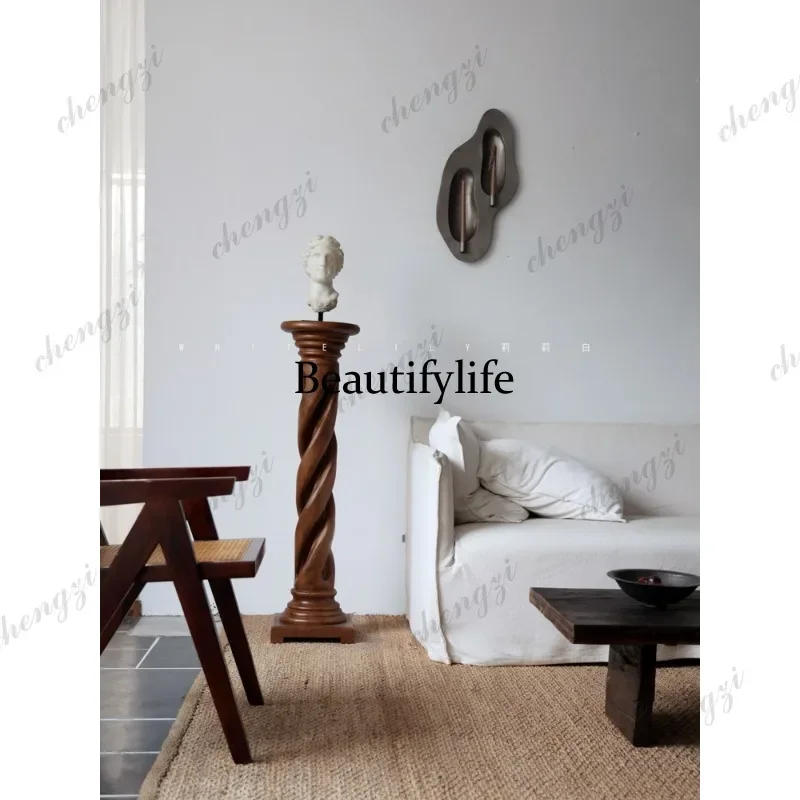R134 wabi-sabi wind solid wood pillar base wood carving art ornament B & B hotel floor-to-ceiling entrance decoration table