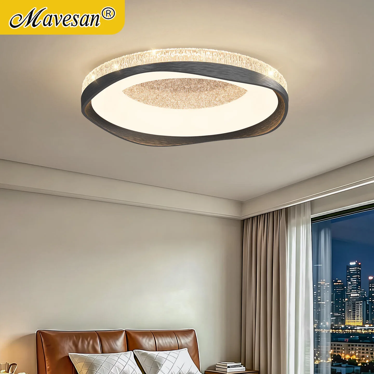 Black LED Flush Mount Ceiling Light Platinum Finish Starry Sky Effect Modern LED Fixtures Living Dining Room Bedroom Corridor