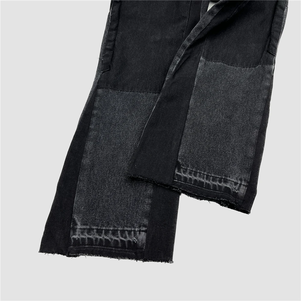 Men Washed Black Deconstructed Jeans Seven-Pocket Styling Winter Streetwear