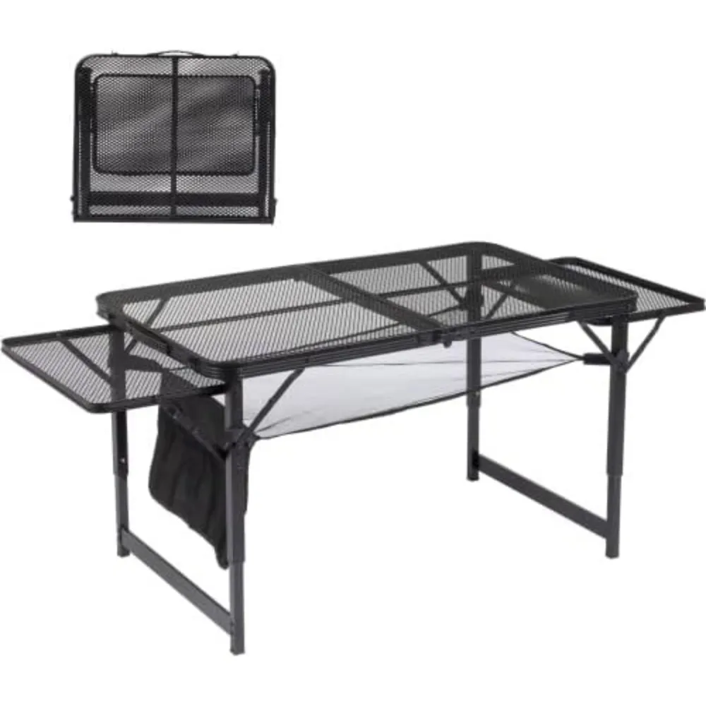 

4 FT Folding Camping Table Portable with 2 Wing Panels-Wing Panels Side Shelf, Height Adjustable Metal Outdoor Grill Table with