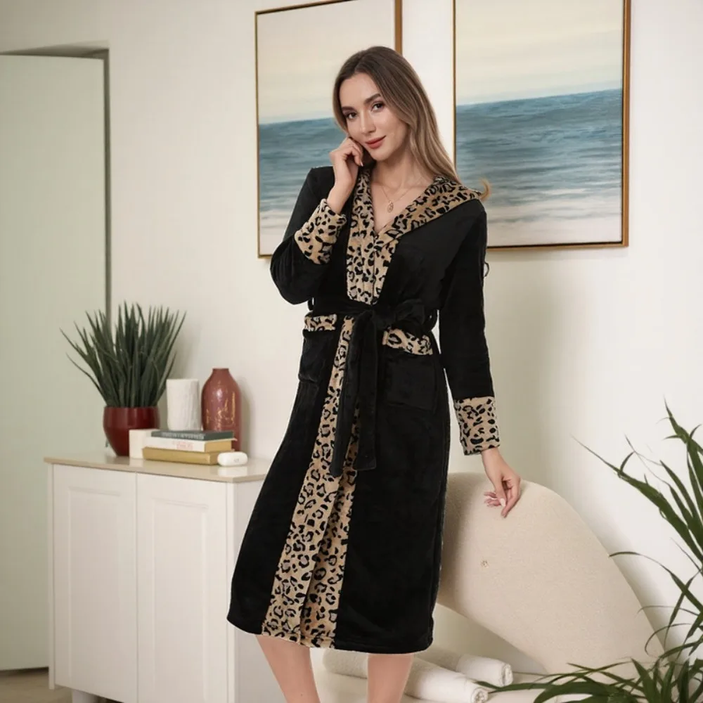 

Womens Plush Fleece Lined Flannel Robe Thick Winter Bathrobe Leopard Print Contrast Pink Sleepwear