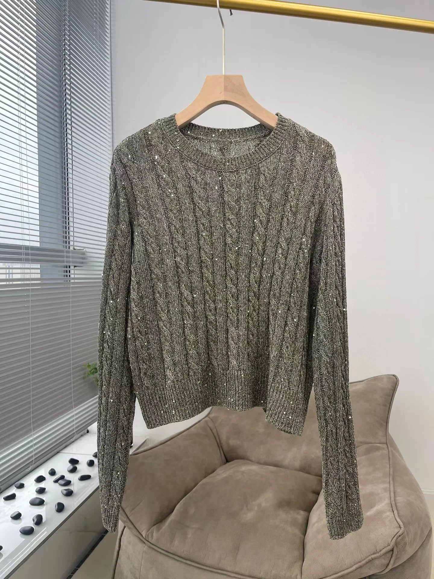 Casual summer long sleeve sequinned shiny yard linen sweater