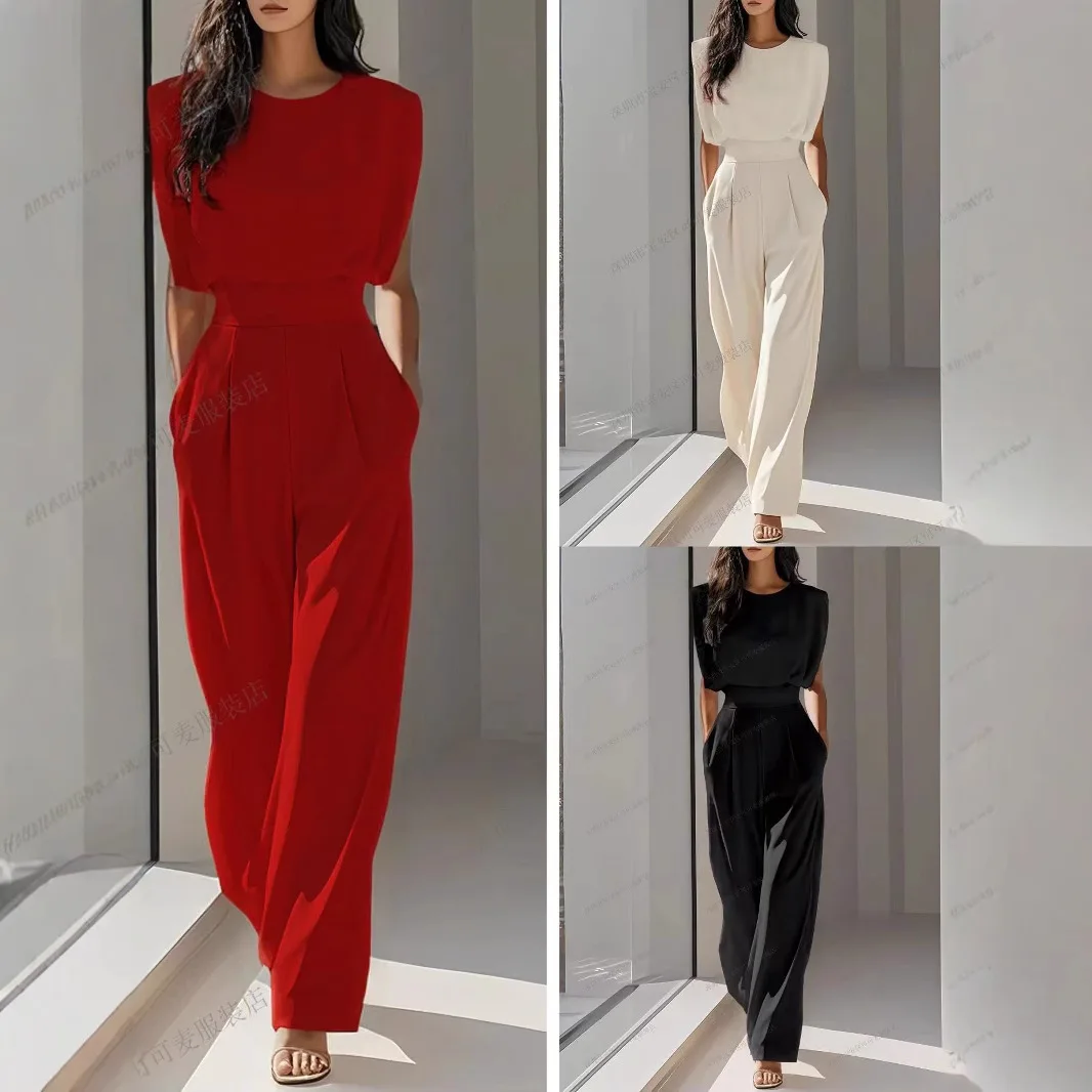 

Women's Jumpsuit High Waist Wide Leg Pants Bat Sleeve Round Neck Workplace Casual Summer 2025 Fashion Women's Clothing
