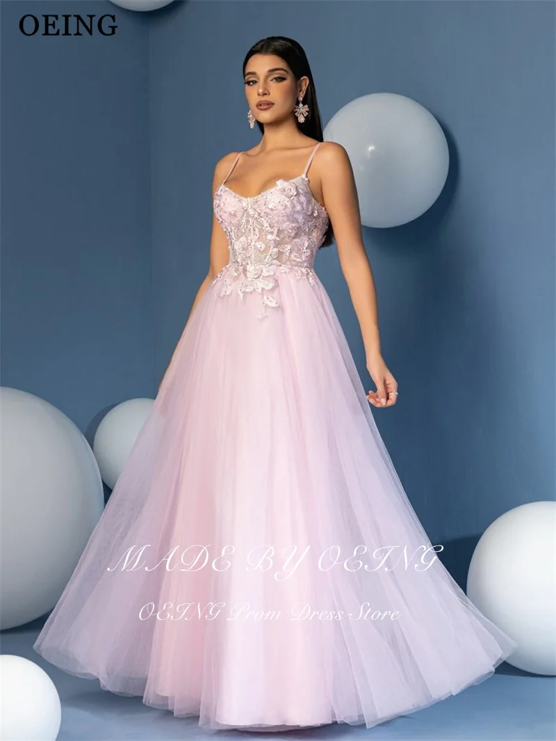 BOEING Elegantes A-Linie-Abschlussballkleid, Prinzessin, rosa, Spaghettiträger, Applikationen, drapiert, bodenlang, Gala-Partykleid, individuell gestaltet
