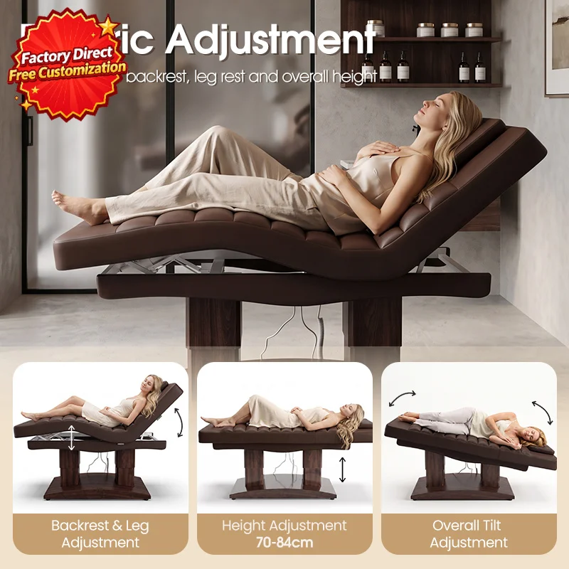 Electric Massage Bed Brown Wood Grain PU Leather Facial Bed Height Adjustable Backrest Leg Rest Tilt for Salon Spa Esthetician