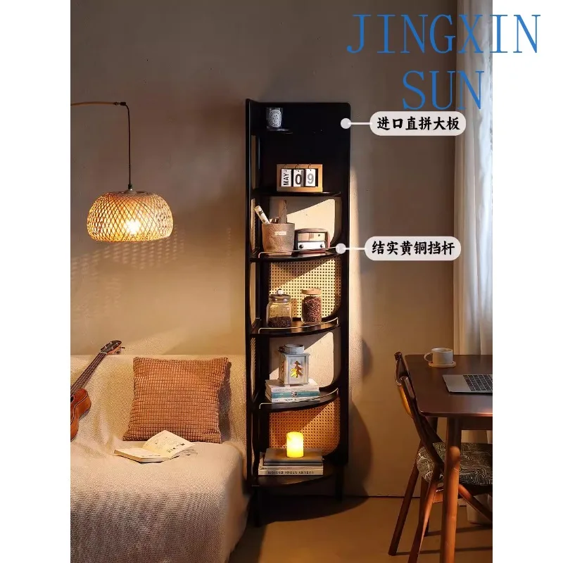 Retro black solid wood corner cabinet screen antique sofa side three corners wall rattan bedside storage bookshelf