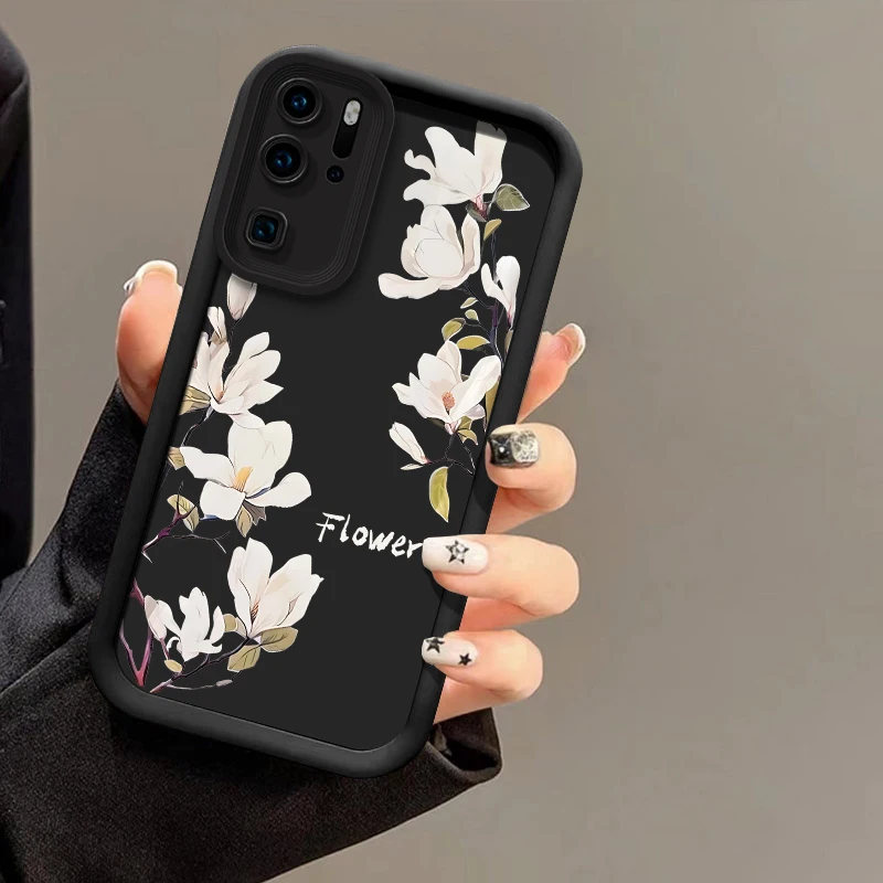 White Flowers Case For Huawei P30 P50 P20 P40 Pro Lite P Smart Pro Shockproof Silicone Camera Lens Protection Soft Phone Cover