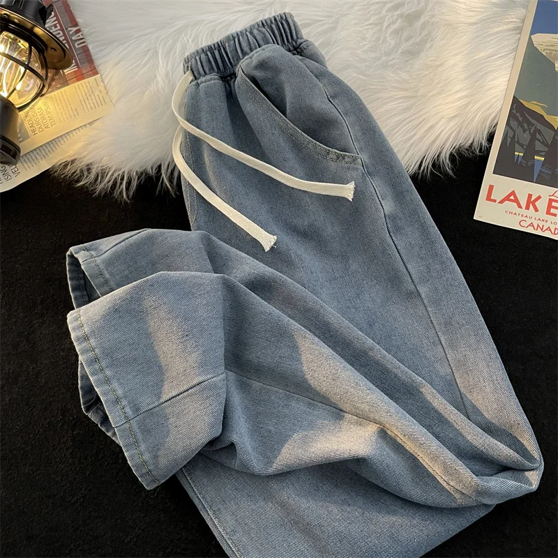 

Japanese Sle Dstring Straight Leg Loose Fit Casual Jeans American High Street Wide Leg Pants for Men Spring Season