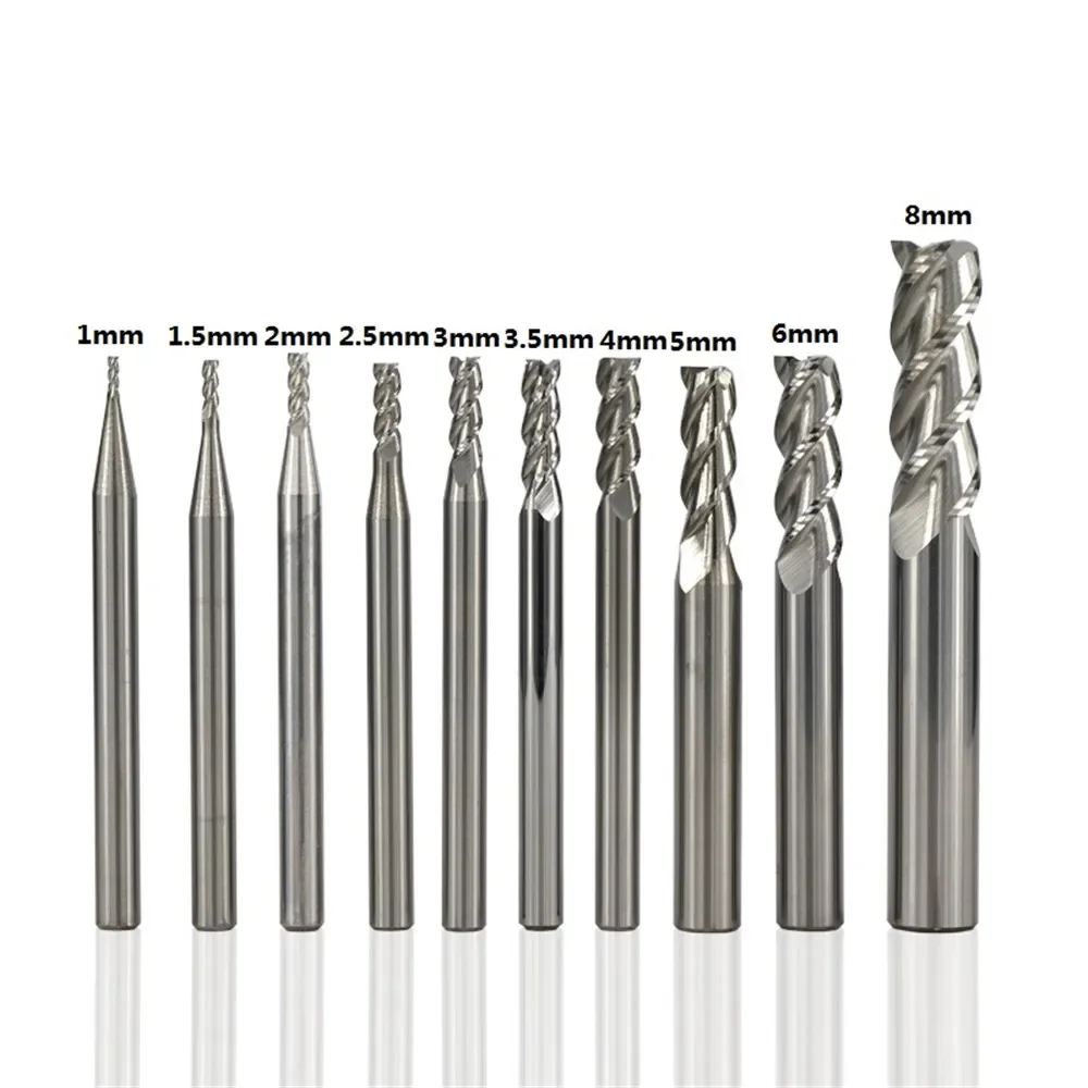 

10 pcs 1 / 1.5 2 2.5 3 .5 4568 flute carbide end mill for cutting aluminum spiral cnc router bit milling machine