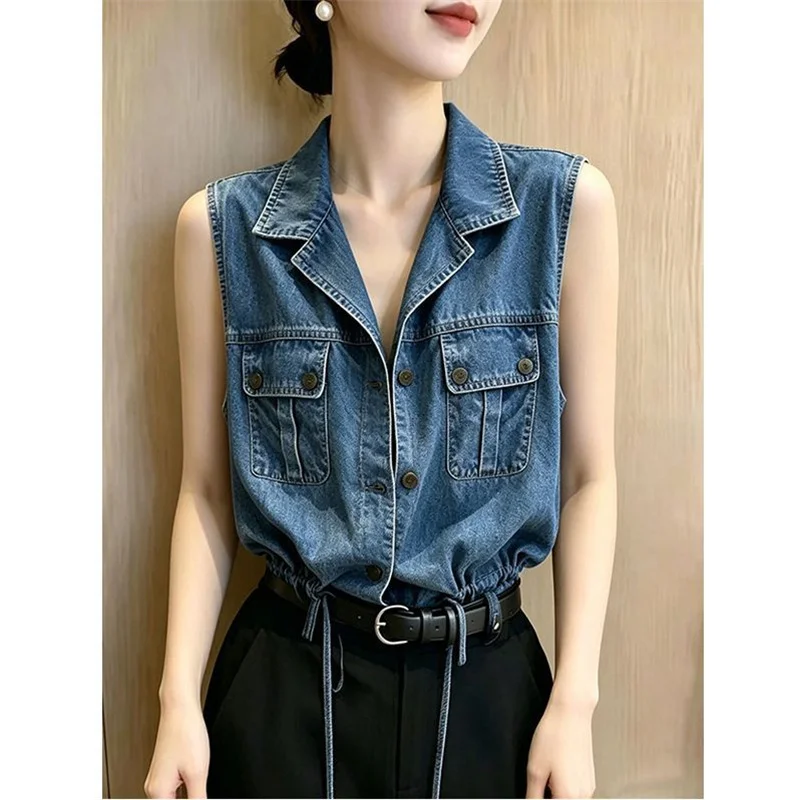 Super Nice Denim Shirt Top Women's Shirt Blouse 2026 Summer Autumn New Casual Waist-cinching Sleeveless Denim Jacket Coat 6