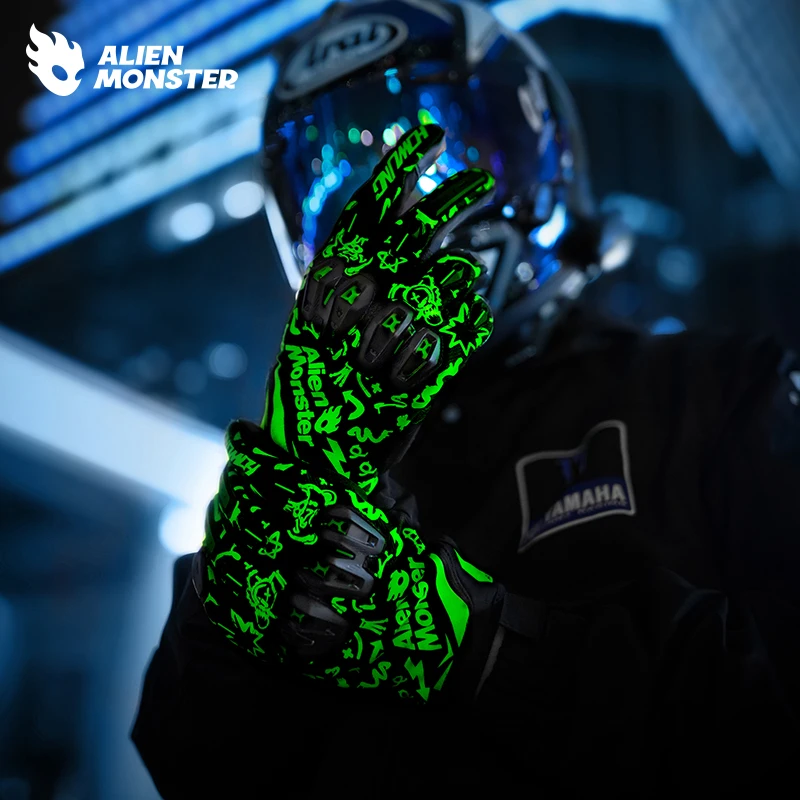 

ALIEN MONSTER Luminous Gloves Motorcycle CE Certification Leather Locomotive Equipment Riding Summer Breathable Self-luminous