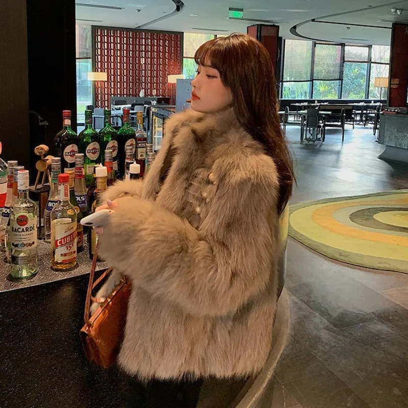 2023 Autumn Winter New Women Imitation Fox Fur Fur Coat Loose Stand Collar Short Outwear Temperament Keep Warm Casual Outcoat