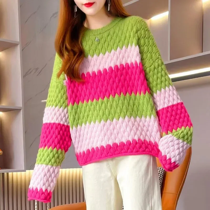 y2k Sweater Women Fall Winter Cute Striped Round Neck Long Sleeve Loose Pullover Tops 2000s Knitted Clothes Streetwear