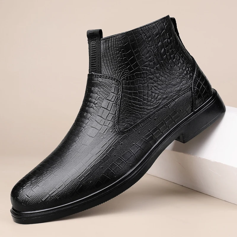 Autumn/Winter New Style Classic Black Zipper Men Ankle Boots Business Boots Crocodile Pattern Comfortable Inner Men Mid Top Boot