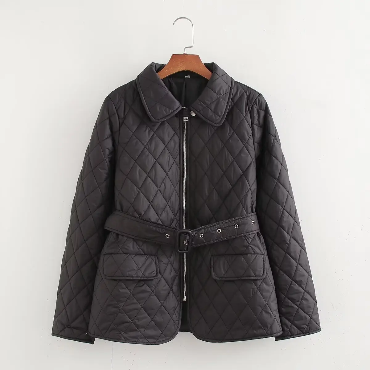 European and American style new style belted quilted lapel slim-fitting cotton coat for women winter mid-length cotton coat