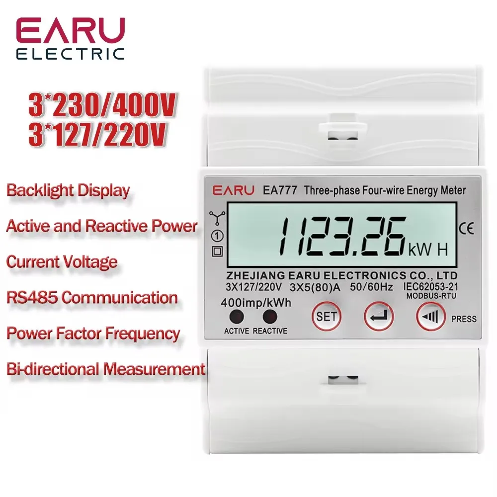 4P 3 Phase 4 Wires 80A Two-Ways Bi-Directional Multifunctional Measurement Volmeter Ammeter Wottmeter Hz Din Rail Energy Meter