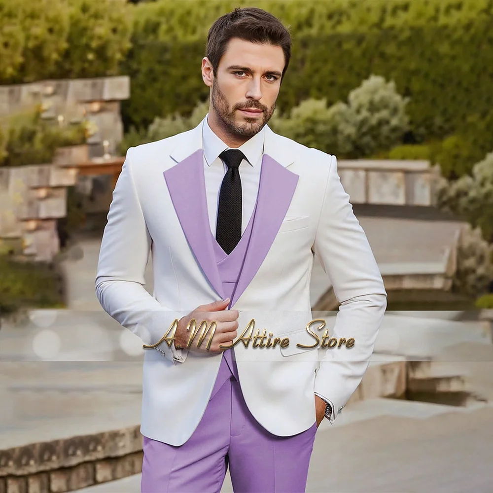 

Premium Men's Suit Prom Tuxedo Contrast Violet Jacket Vest Pants Tailored Modern Fit For Wedding Party Formal Evening Business