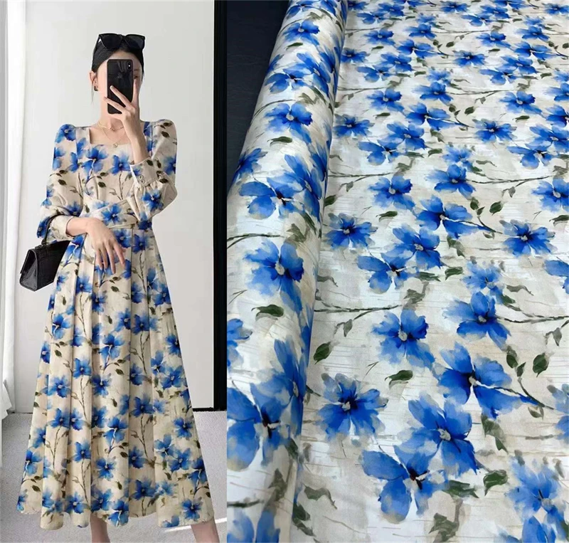 

Temperament Blue Printed Elastic Double Qiao Mulberry Silk Fabric High End Shirt and Dress DIY Sewn Natural Silk Material Meter