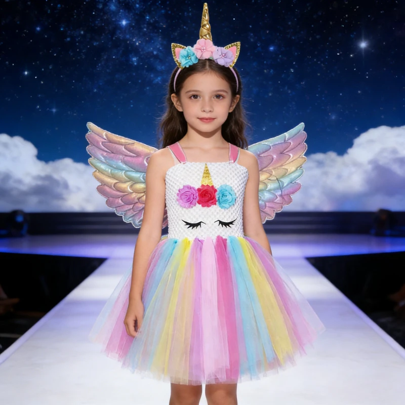 Macaron Unicorn Dresses for Kids Halloween New Years Clothes with Wings Flower Hairbow Baby Girls Birthday Ballet Tutus Costumes