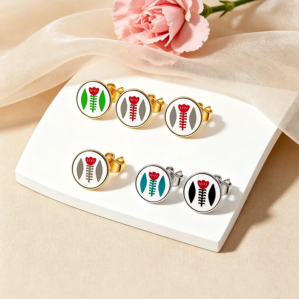 Vintage Enamel Round Stud Earrings for Women Bohemian Floral Pattern Ear Jewelry Colorful Flower Party Daily Wear Accessories