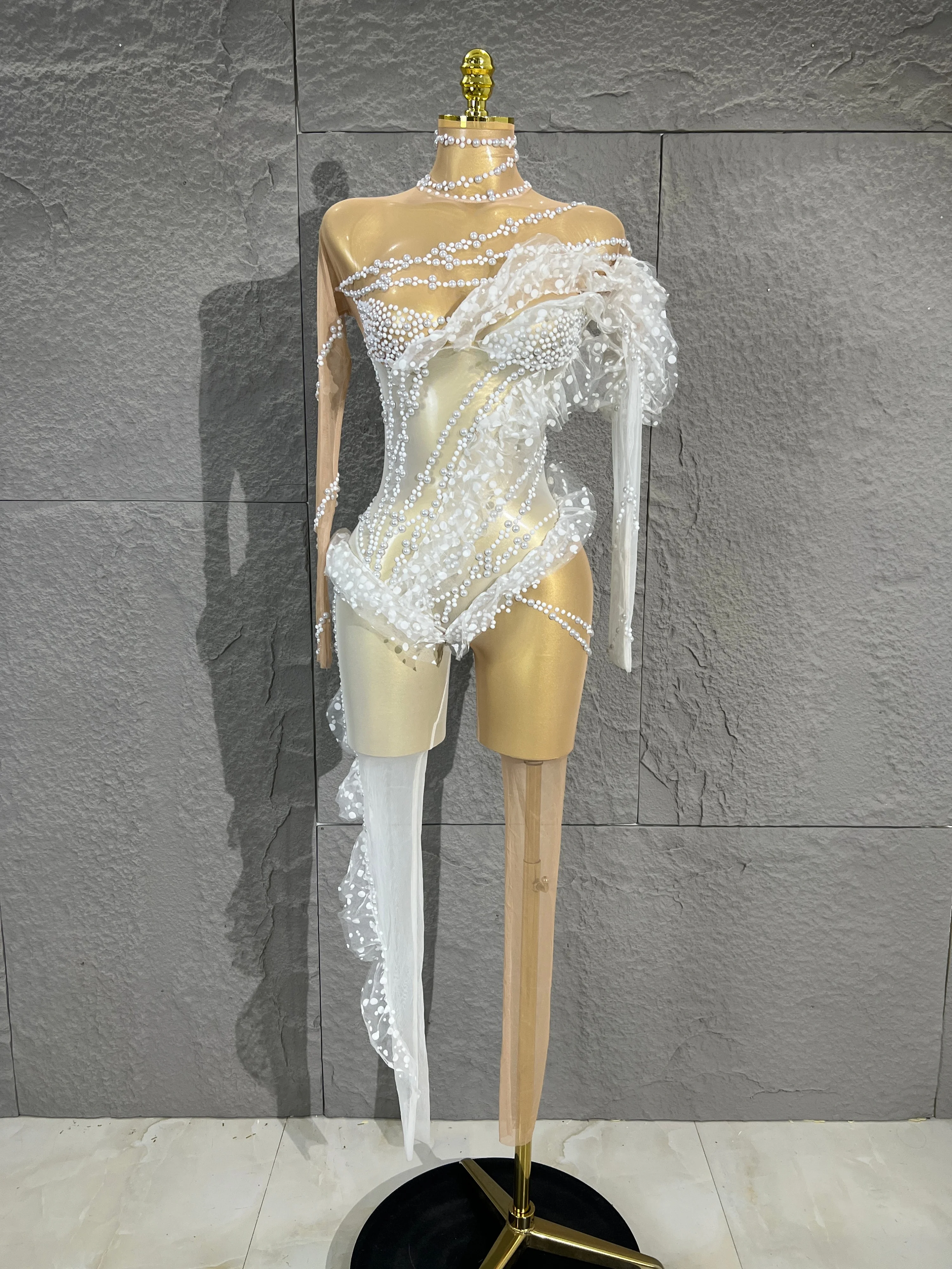 Luxury Pearls Rhinestone Mesh Bodysuit Single shoulder Ruffle Design AsymmetricalHem Women Show Stage DancePerformance Costume