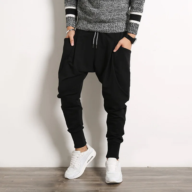 Pantalones bombachos negros para hombre, ropa de calle informal de Hip Hop, pantalones de Jogger sólidos, pantalones de chándal con bolsillo lateral