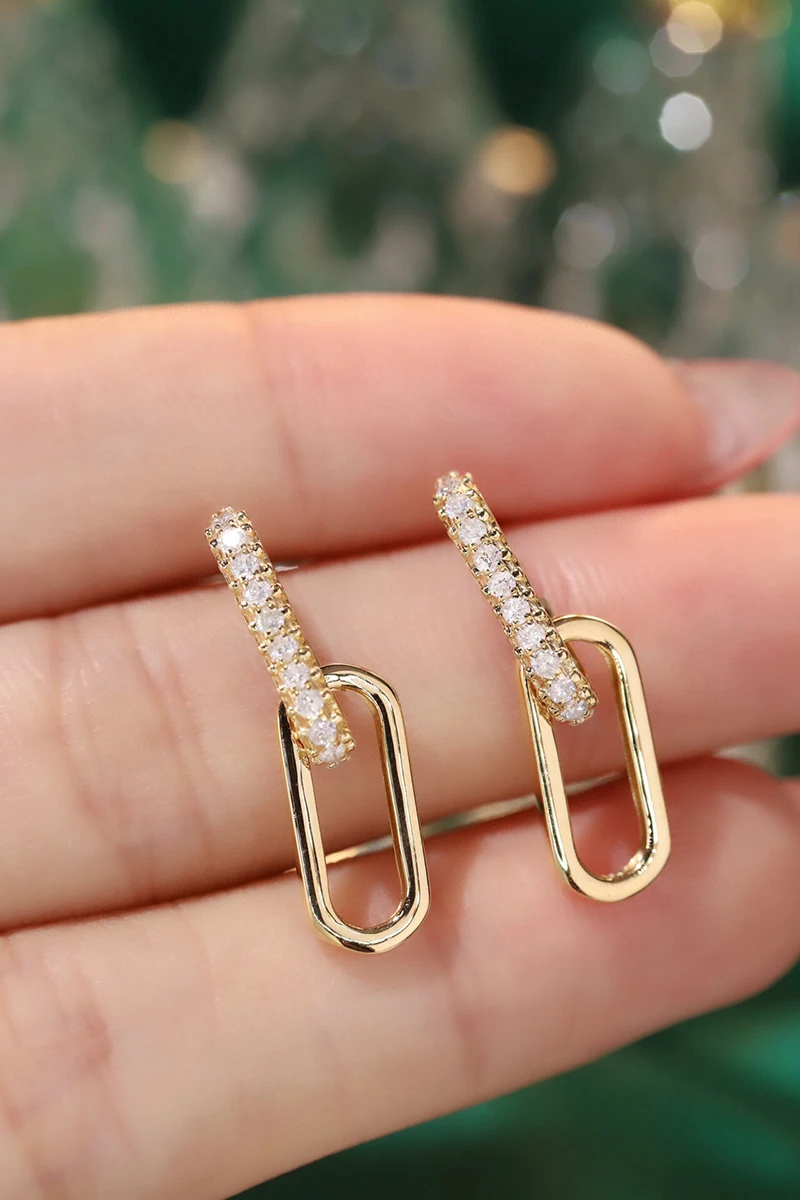 LUOWEND 100% 18K Yellow Gold Earrings Fashion Chain Design 0.46carat Real Natural Diamond Stud Earrings for Women Party Jewelry