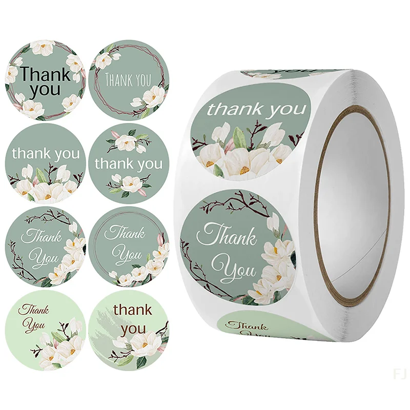 Business Thank You Stickers, 500 Pieces Roll; Small, Eye-catching, Flower Merci Labels for Packaging