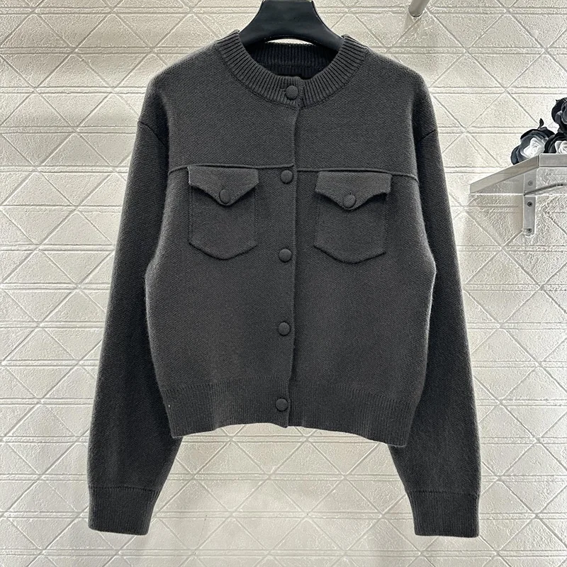 

High quality round-neck single-button women's cardigan sweater with double pockets female clothing 25110774