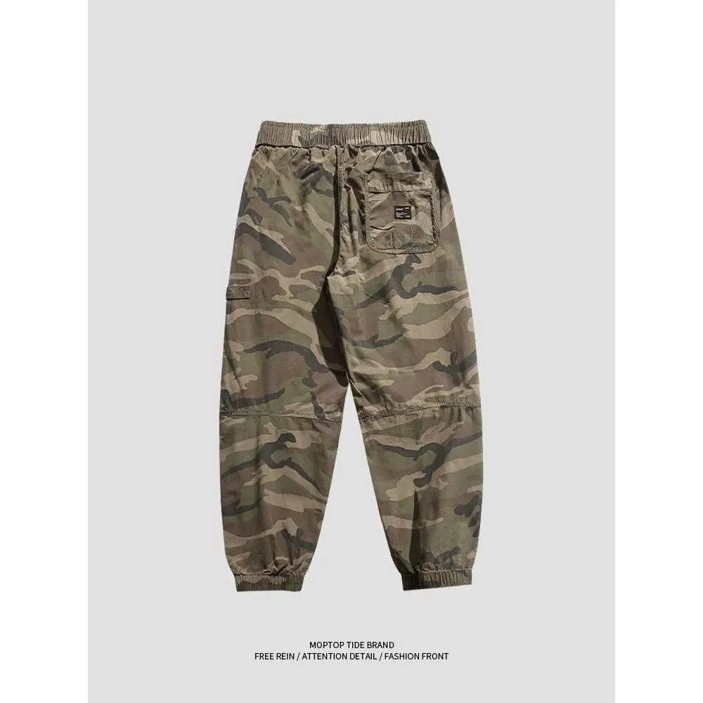 Fall Thin American Retro Camouflage Workwear Loose Casual Pants Men's Style Loose Fit Trousers Polyester Fiber Elastic Waist