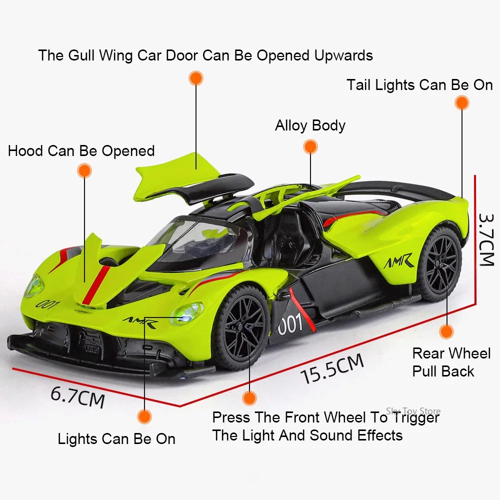 1:32 Valkyrie DB12 Supercar Druckguss-Legierungsmodell, Spielzeug, Ton und Licht, zurückziehbare Türen, geöffnete Miniaturfahrzeuge, Sammeln von Hobbys