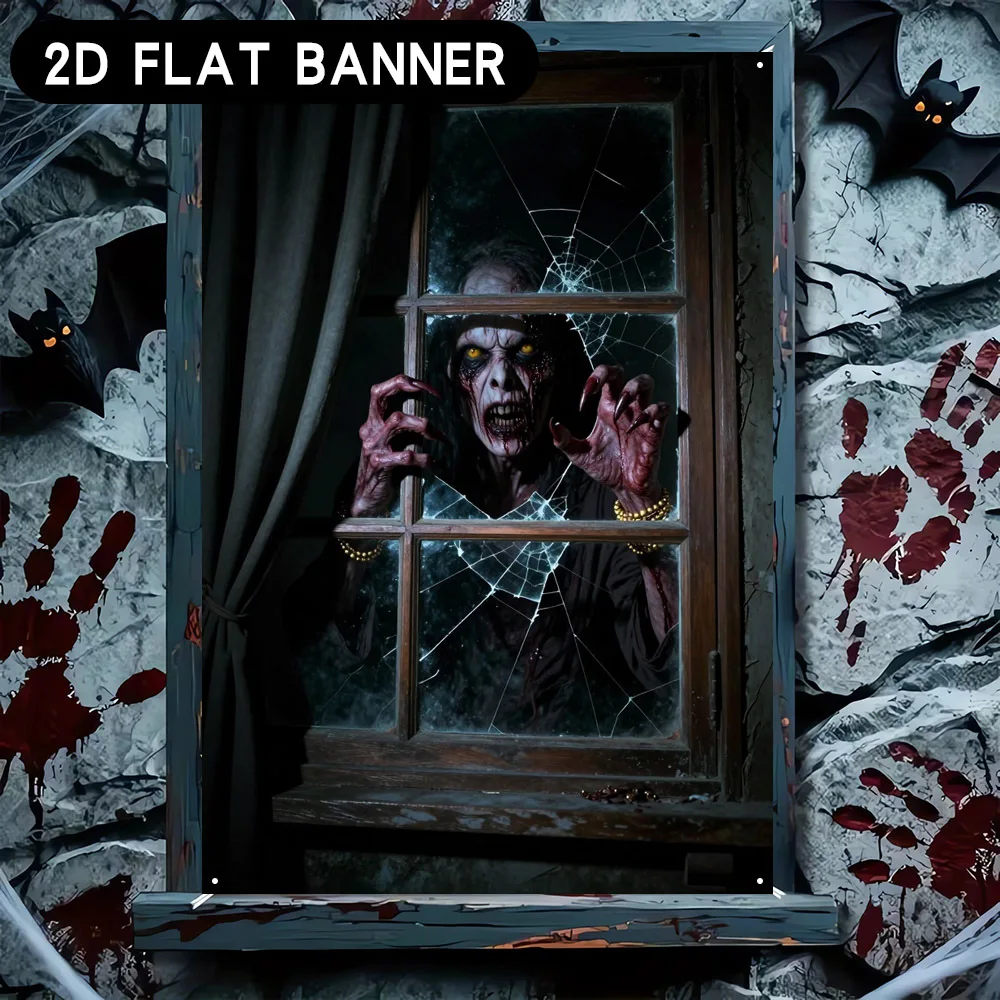 2D flat banner 1pc Halloween window banner background fabric. Horror zombie party theme window covering fabric view 6