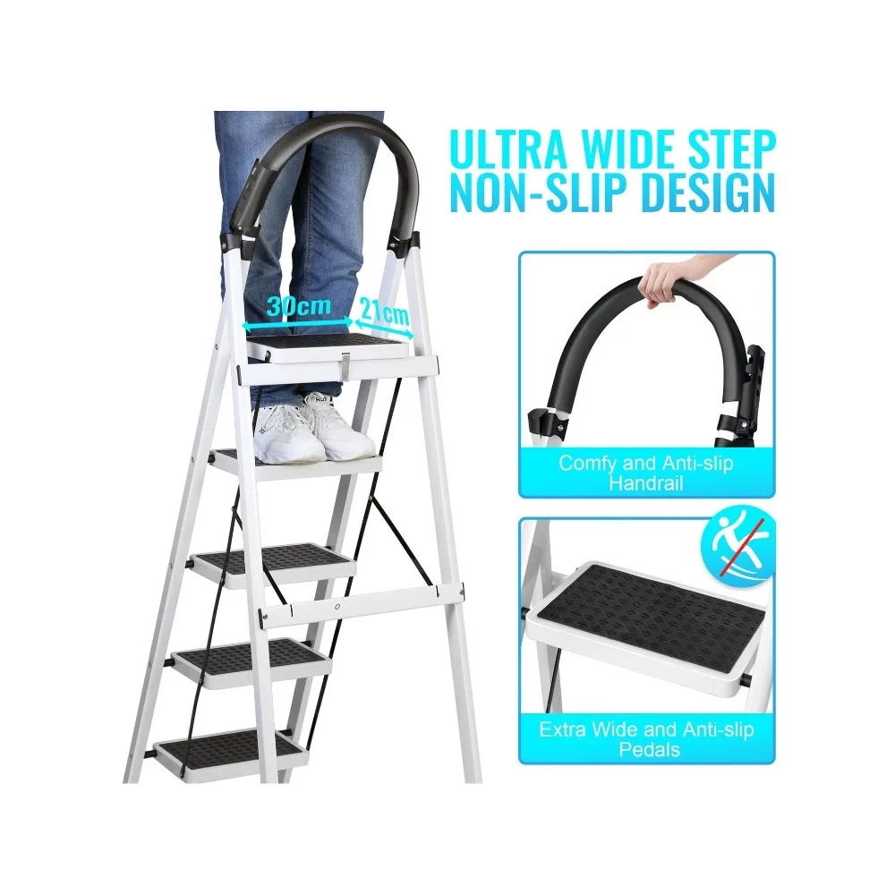Deliladder Folding Ladders Foldable 5-Step Steel Step Stool Wide Anti-Slip Pedal Sturdy Design 375 Lbs Capacity European Home