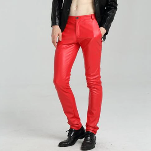 #2220 White/Red/Blue/Black Skinny Faux Leather Pants For Men Slim Joggers PU Leather Motorcycle Biker Tights Trousers Plus Size