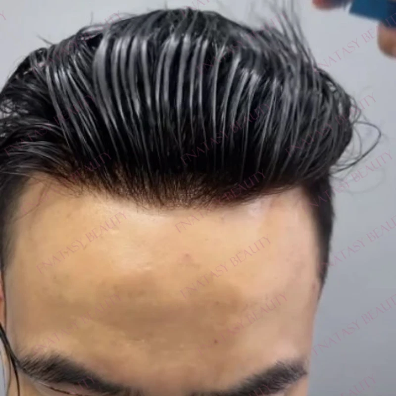 Toupee for Men Human Hair Poly Skin Base Replacement System 0.1mm Injection Scalloped Natural Hairline Black Brown Grey Hair Wig