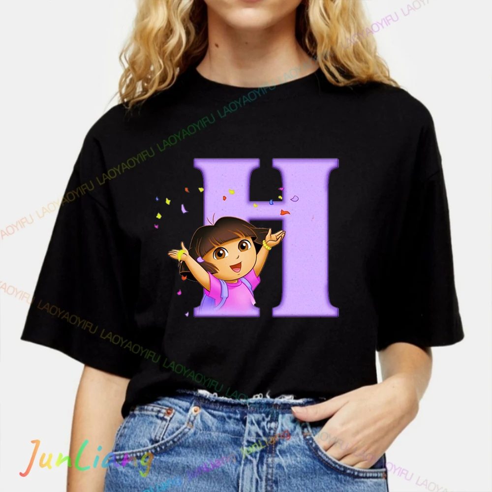 دورا المستكشف لطيف Harajuku الكرتون نمط تي شيرت للجنسين النساء الرجال بلايز رسالة عدد الطباعة الجرافيك ملابس علوية من القطن #1