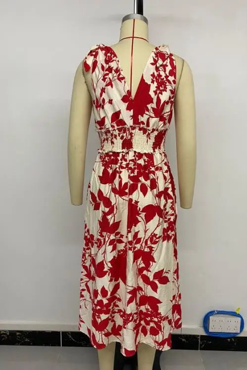 レディースドレス 夏休みスタイル ノースリーブ リボン付き レッド 花柄プリントドレス カジュアル ノースリーブ Vネック エレガント 海辺ドレス