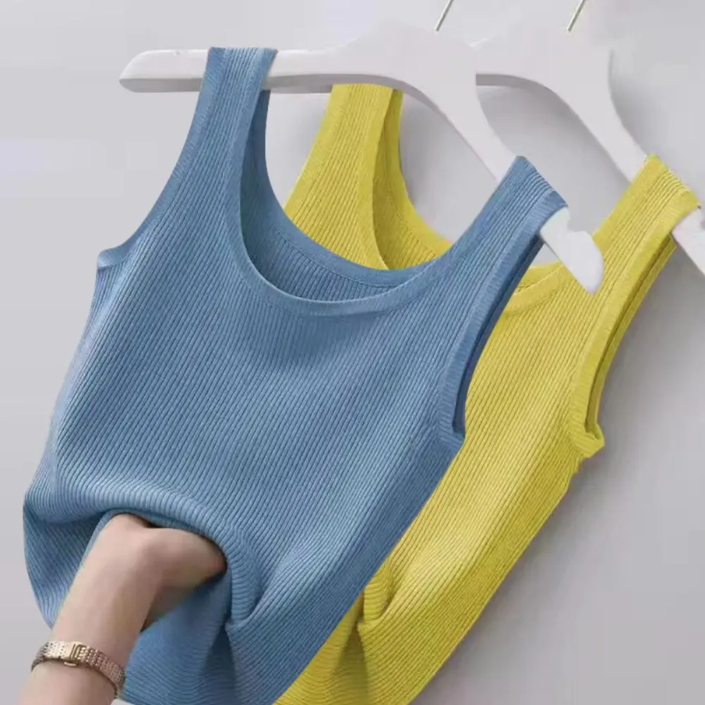 Summer Camisole Spring Knitted Tank Round Neck Crop Tops Sexy Sleeveless Camisole Solid Color Polyester Basic Top Streetwear Tee